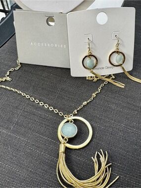 Accessorize Gold Tassel Necklace with Pale Green Stone